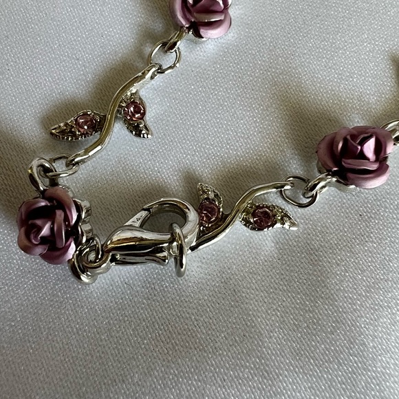 Purple Rose And Pink Rhinestone Silver Toned Necklace - Picture 3 of 3